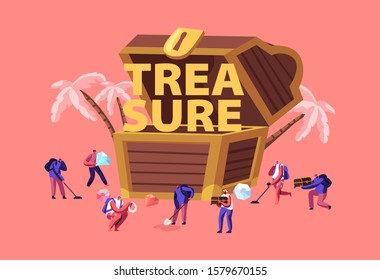 Treasure Hunting Concept. Tiny Male Female Characters with Metal Detectors Searching Hidden Chest with Gold and Jewels on Tropical Island Poster Banner Flyer Brochure. Cartoon Flat Vector Illustration