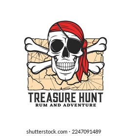 Treasure hunting icon with skull. Pirate adventure, buccaneer and corsair nautical travel retro emblem, retro icon with Jolly Roger crossed bones and human skull in bandana, eye patch and treasure map