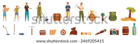 Treasure hunting icons set vector. A group of people are shown in various positions, with some holding tools and others holding items such as a camera, a bottle, and a backpack