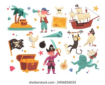 Treasure hunting pirates. Adventure of kids, sea animals, child in costume, captain on ship with black flag. Vector cartoon flat isolated illustration character of sailor, cute seagull and octopus