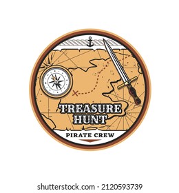 Treasure hunting vector icon. Pirate map of treasure island, vintage compass and wind rose, anchor, dagger and rope. Pirate ship navigation items and treasure map with route, adventure journey