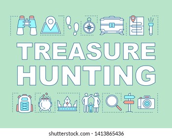 Treasure hunting word concepts banner. Family time together. Geocaching. Search for treasure. Presentation, website. Isolated lettering typography idea, linear icons. Vector outline illustration