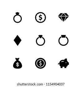 treasure icon. 9 treasure set with diamond, coin, ring with precious stone and diamond ring shape vector icons for web and mobile app