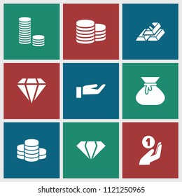 Treasure icon. collection of 9 treasure filled icons such as gem, coin, gold bar, coin, diamond. editable treasure icons for web and mobile.