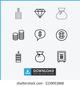 Treasure icon. collection of 9 treasure outline icons such as coin, sack, dollar sign in cloud, gem, safe, coin. editable treasure icons for web and mobile.