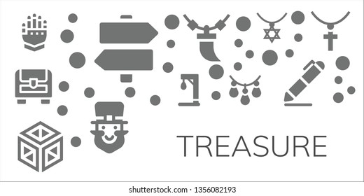treasure icon set. 11 filled treasure icons.  Collection Of - Gauntlet, Signs, Chest, Gallow, Crystal, Necklace, Leprechaun, Signing, Jewelry