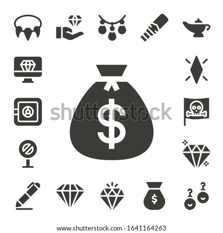treasure icon set. 17 filled treasure icons. Included Necklace, Diamond, Safe box, Money bag, Sign, Pirate, Gem, Signing, Jewelry, Metal detector, Magic lamp, Earrings icons