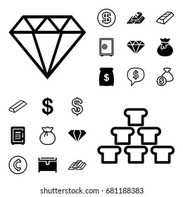 Treasure icon. set of 20 treasure filled and outline icons such as gem, coin, chest, safe, gold bar, money sack, gold, dollar coin, sack, coin, dollar sign in cloud