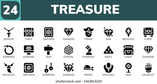 treasure icon set. 24 filled treasure icons.  Simple modern icons about  - Jewelry, Chest, Safe box, Diamond, Pirate, Gem, Necklace, Earrings, Sign, Crystal, Pharaoh, Ingot, Gauntlet