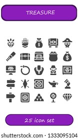 treasure icon set. 25 filled treasure icons.  Simple modern icons about  - Diamond, Gauntlet, Money bag, Chest, Pirate, Metal detector, Treasure, Earrings, Gold, Necklace, Leprechaun