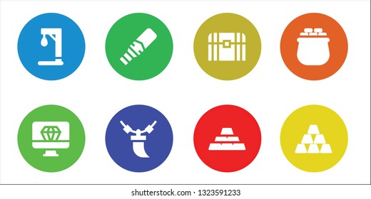 treasure icon set. 8 filled treasure icons.  Collection Of - Gallow, Diamond, Metal detector, Necklace, Chest, Ingots, Gold, Ingot