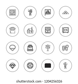 Treasure icon set. collection of 16 outline treasure icons with atm machine, chest, coin, coins, diamond, gold, necklace, pirates, pirate, safe box, safe, sign icons.