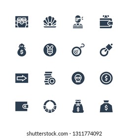 treasure icon set. Collection of 16 filled treasure icons included Money bag, Necklace, Wallet, Coin, Coins, Sign, Gallows, Earrings, Yuan, Pirate, Pearl, Chest