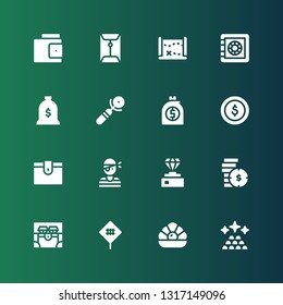 treasure icon set. Collection of 16 filled treasure icons included Ingots, Pearl, Sign, Chest, Coins, Diamond, Pirate, Wallet, Dollar coins, Money bag, Safe box, Treasure map