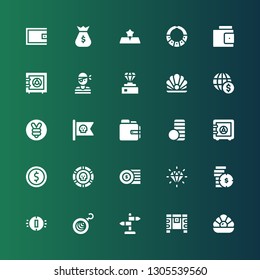 treasure icon set. Collection of 25 filled treasure icons included Pearl, Chest, Sign, Earrings, Coin, Coins, Diamond, Safe box, Coin stack, Wallet, Pirate flag, Yuan, Pirate