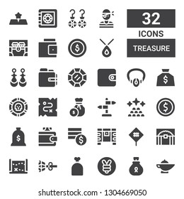 treasure icon set. Collection of 32 filled treasure icons included Magic lamp, Money bag, Yuan, Sack, Earrings, Treasure map, Sign, Chest, Coins, Wallet, Coin, Ingots