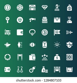 treasure icon set. Collection of 36 filled treasure icons included Treasure map, Chest, Money bag, Gallows, Earrings, Wallet, Safe box, Ingots, Metal detector, Necklace, Pirate