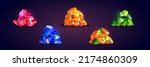 Treasure icons with piles of gold coins and gem stones. Vector cartoon set of game assets with heaps of golden money, shiny blue crystals, emeralds and rubies isolated on background