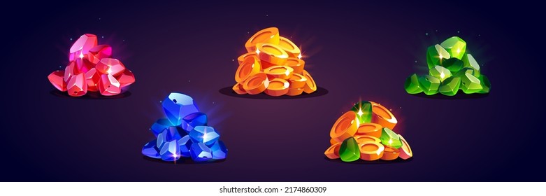 Treasure icons with piles of gold coins and gem stones. Vector cartoon set of game assets with heaps of golden money, shiny blue crystals, emeralds and rubies isolated on background