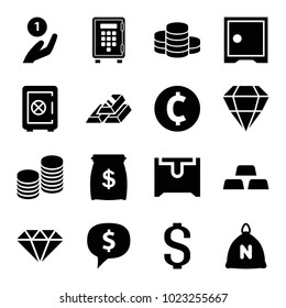 Treasure icons. set of 16 editable filled treasure icons such as sack, safe, coin on hand, dollar sign in cloud, coin, gem, gold bar, money sack, coin, chest, safe