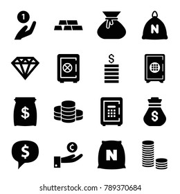 Treasure icons. set of 16 editable filled treasure icons such as sack, safe, diamond, coin on hand, dollar sign in cloud, hand on coin, safe, money sack, money sack