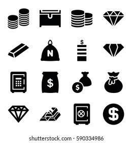treasure icons set. Set of 16 treasure filled icons such as sack, gem, Coin, Safe, Diamond, gold, chest, safe, coin, dollar coin, money bag, gold bar