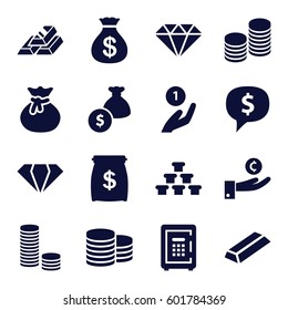 treasure icons set. Set of 16 treasure filled icons such as gem, Coin, Money sack, gold, safe, coin, money bag, gold bar, money sack, sack