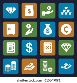 Treasure icons set. set of 16 treasure filled icons such as gem, Safe, Coin, Money sack, Diamond, safe, coin, gold bar, money sack