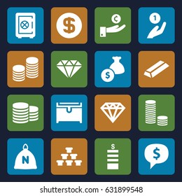 Treasure icons set. set of 16 treasure filled icons such as sack, coin, safe, diamond, gold, chest, coin, money bag, gem