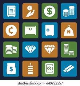 Treasure icons set. set of 16 treasure filled icons such as sack, coin, safe, gold, chest, safe, coin, gem