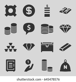 Treasure icons set. set of 16 treasure filled icons such as sack, gem, coin, gold, chest, safe, coin, dollar sign in cloud
