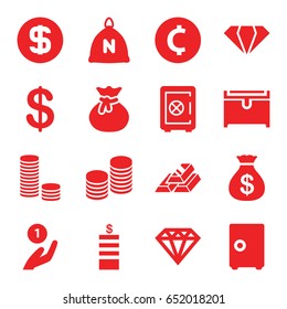 Treasure icons set. set of 16 treasure filled icons such as sack, gem, safe, coin, money sack, diamond, chest, coin, gold bar