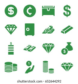 Treasure icons set. set of 16 treasure filled icons such as coin, diamond, gold, chest, dollar coin, money bag, gem, gold bar