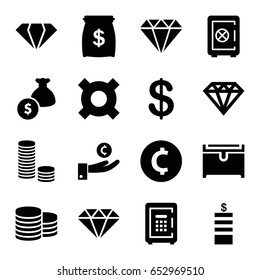 Treasure icons set. set of 16 treasure filled icons such as gem, coin, safe, diamond, chest, safe, money bag, money sack, coin, hand on coin