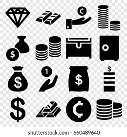 Treasure icons set. set of 16 treasure filled icons such as coin, money sack, diamond, chest, coin, money bag, gold bar, money sack, safe