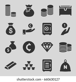 Treasure icons set. set of 16 treasure filled icons such as sack, coin, safe, money sack, diamond, gold, chest, safe, coin