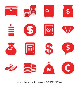 Treasure icons set. set of 16 treasure filled icons such as sack, gem, coin, safe, chest, safe, coin, dollar coin, money sack, dollar sign in cloud