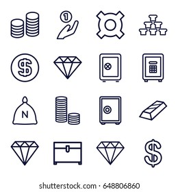 Treasure icons set. set of 16 treasure outline icons such as sack, gem, safe, coin, diamond, chest, safe, coin, illustrgeneric currencyation