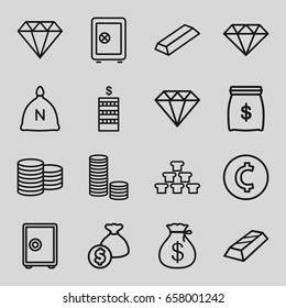 Treasure icons set. set of 16 treasure outline icons such as sack, coin, safe, money sack, diamond, gold, gem, money sack, coin, safe