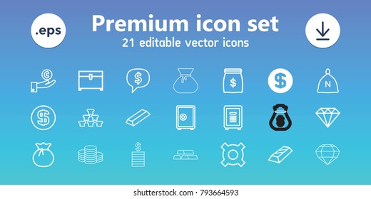 Treasure icons. set of 21 editable outline treasure icons includes dollar coin, sack, diamond, gold, chest, safe, dollar sign in cloud, hand on coin