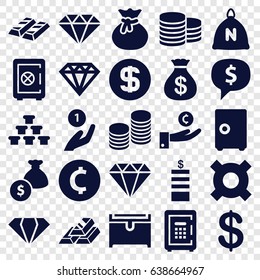 Treasure icons set. set of 25 treasure filled icons such as sack, gem, coin, safe, money sack, diamond, chest, safe, coin, money bag, gold bar, dollar sign in cloud