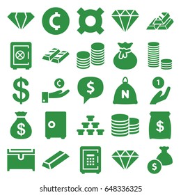 Treasure icons set. set of 25 treasure filled icons such as sack, gem, coin, safe, money sack, gold, chest, safe, coin, money bag, gold bar, money sack, dollar sign in cloud