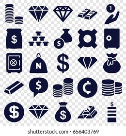 Treasure icons set. set of 25 treasure filled icons such as sack, gem, coin, safe, money sack, diamond, gold, coin, money bag, gold bar, money sack, safe, dollar sign in cloud