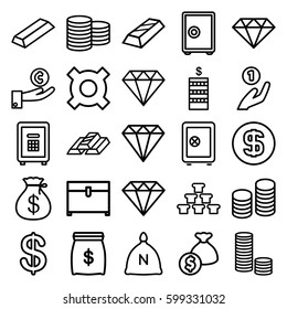 treasure icons set. Set of 25 treasure outline icons such as sack, gem, Coin, Safe, Money sack, Diamond, gold, chest, safe, coin, gold bar, money sack