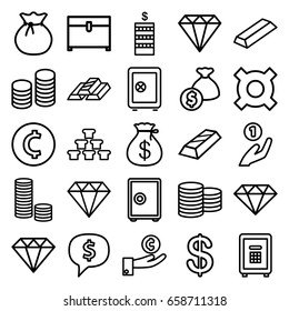 Treasure icons set. set of 25 treasure outline icons such as gem, coin, safe, money sack, diamond, gold, chest, safe, coin, sack, gold bar, dollar sign in cloud