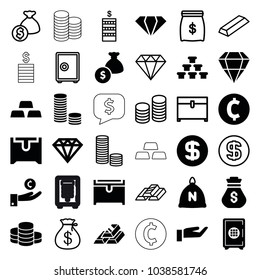 Treasure icons. set of 36 editable filled and outline treasure icons such as sack, gem, diamond, chest, hand on coin, coin, gold, money bag, gold bar, money sack, safe