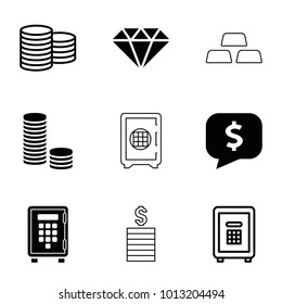 Treasure icons. set of 9 editable filled and outline treasure icons such as coin, gem, coin, safe, safe, dollar sign in cloud