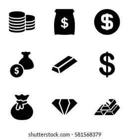 treasure icons set. Set of 9 treasure filled icons such as gem, Coin, gold, dollar coin, money bag, gold bar, money sack