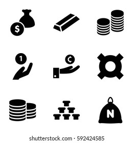 treasure icons set. Set of 9 treasure filled icons such as sack, Coin, gold, coin, money bag