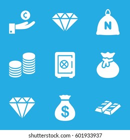 treasure icons set. Set of 9 treasure filled icons such as sack, Safe, Money sack, coin, gem, hand on coin